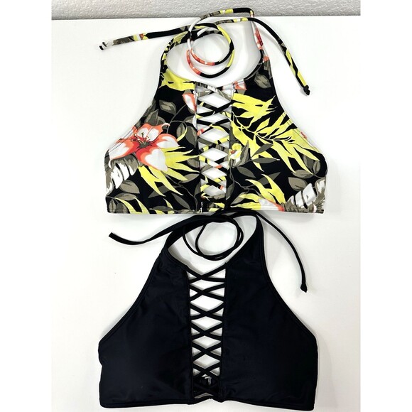 LOT Swimwear Halter Bikini Top 2 Pc Small Swimsuits String Laced Front HOLLISTER - Picture 1 of 5